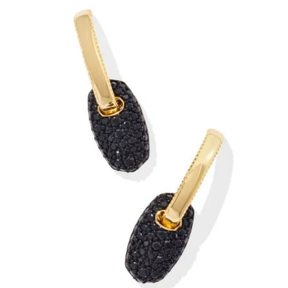 Kendra Scott Bailey Pave Huggies Earrings Black Crystal and Gold NWOT